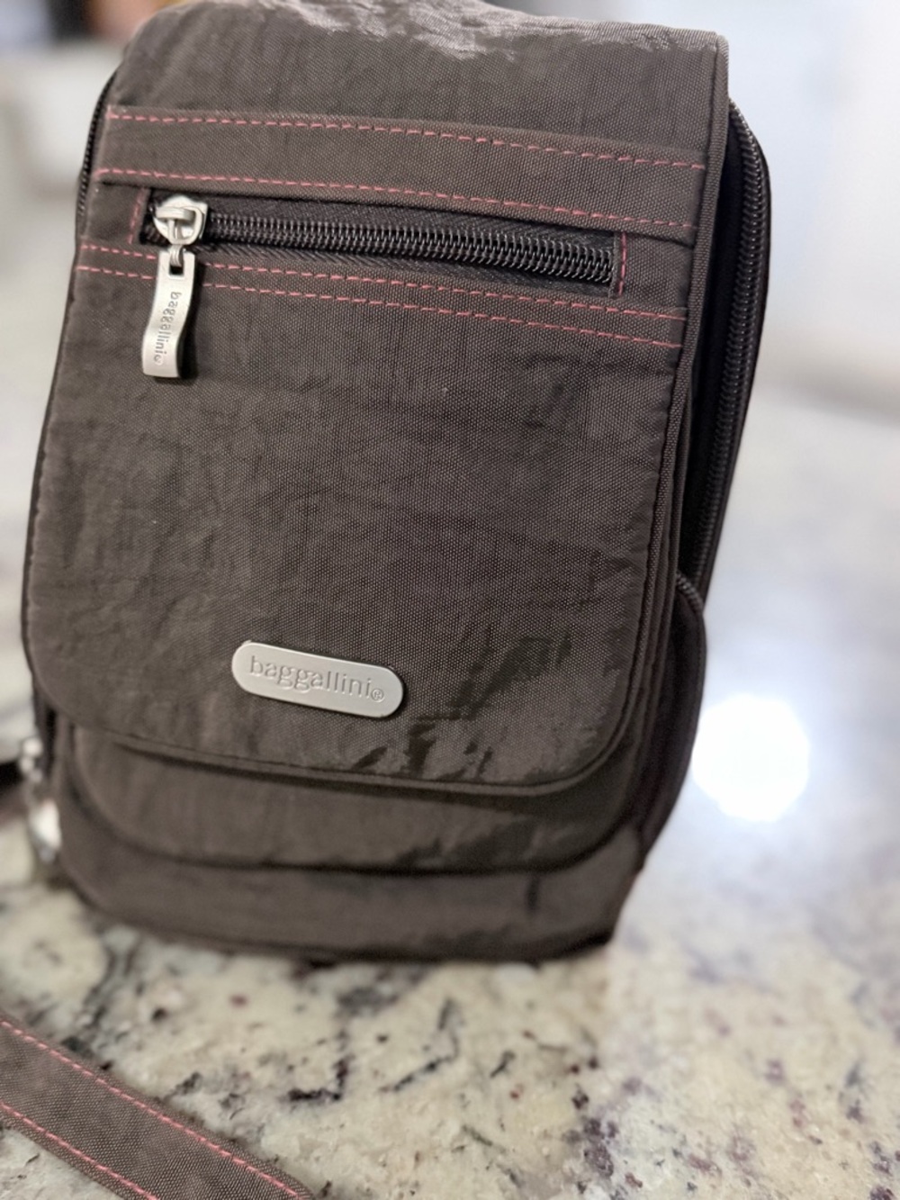 Baggallini Chocolate Brown Belt Bag with Pink Stitching